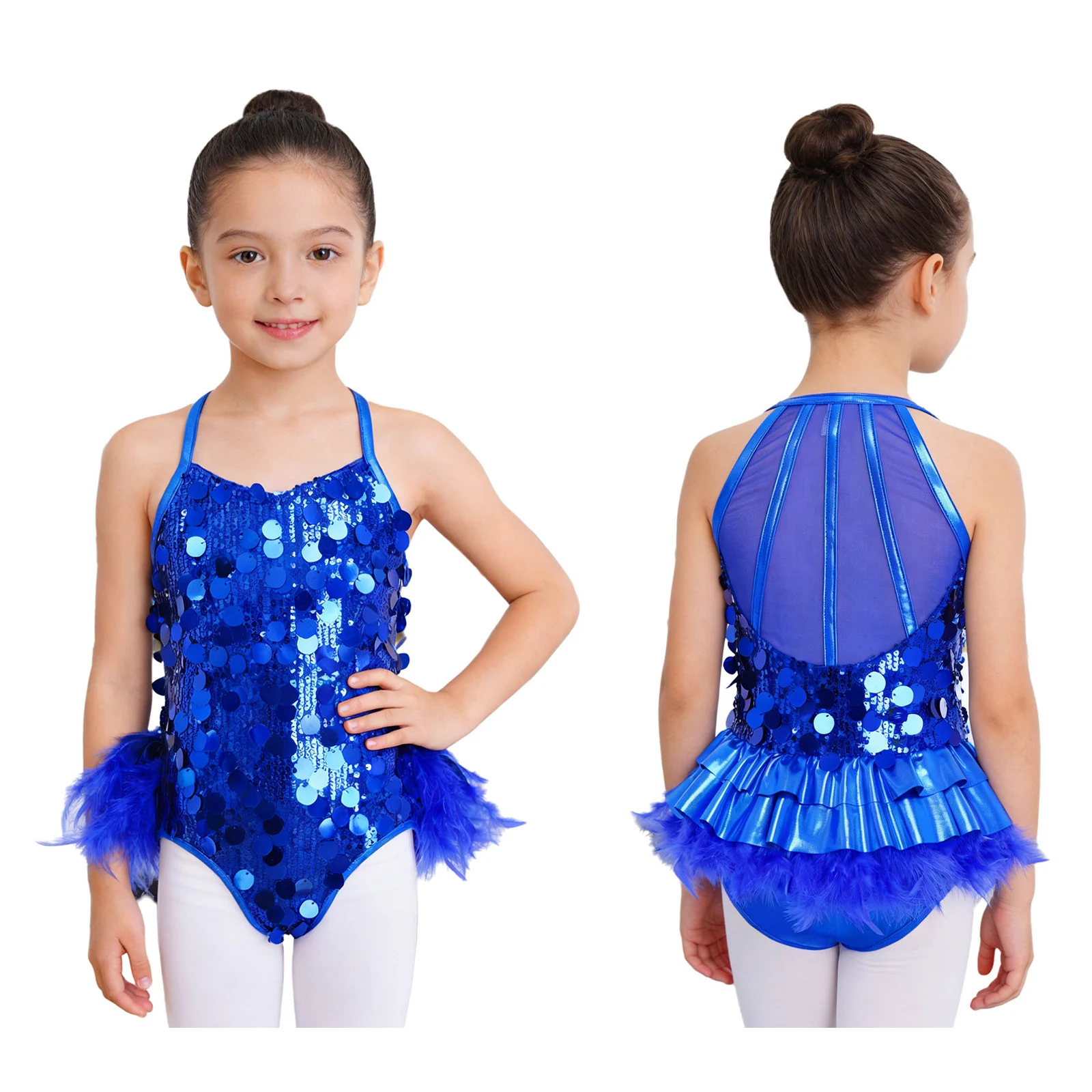 Kids Girls Ballet Jazz Dance Tutu Gymnastics Figure Skating Acrobatics Leotard Shiny Sequin Mesh Feather Bodysuit Dancewear