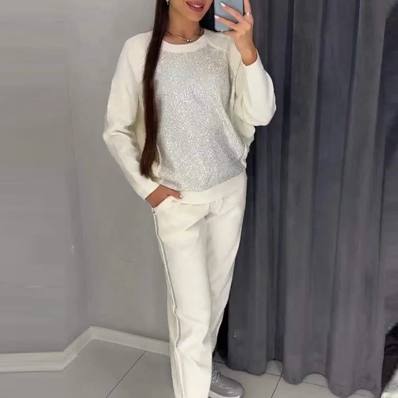 Casual Women O-neck Long Sleeve Top and Drawstring Pants Suits Fashion Loose Office Outfits Casual Patchwork Sequin 2 Piece Set