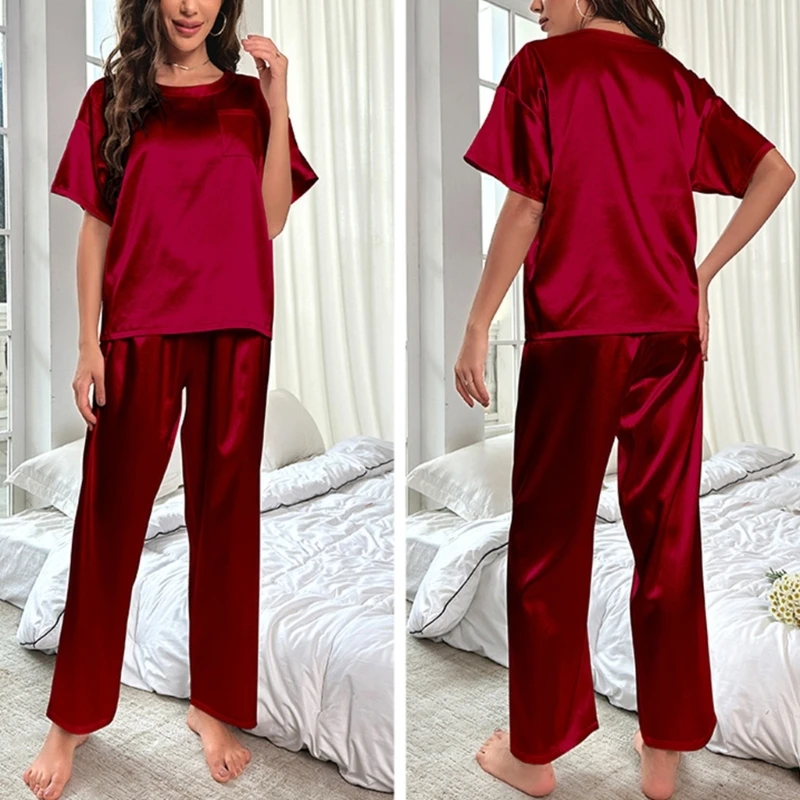 Womens Satins Silky Pajamas Set Short Sleeve Shirt with Long Pajamas Pant Set Soft PJ Loungewear S-XXL