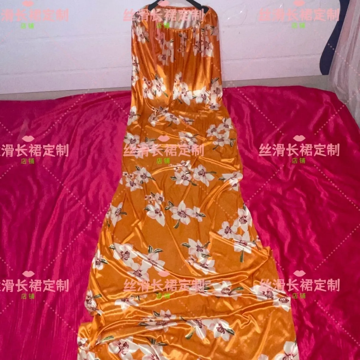 

2.2m Glossy Floral Print Satin Loose Maxi Dress Ice Silk Wrap Plus Size Sexy Long Sleeping Bag