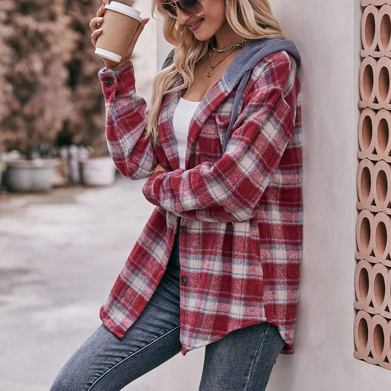 Women Hooded Plaid Shirts Women Jacket Fall Winter Streetwear Button Up Blouse Female Casual Loose Oversized Check Flannel Shirt
