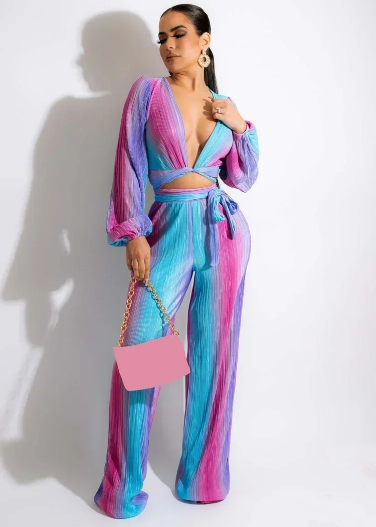 

GUWU Tie-dye Rainbow Gradient Print Women Set Puff Sleeve V-neck Crop Tops Wide Leg Pants Two Piece Sets Sexy Fashion Outfits