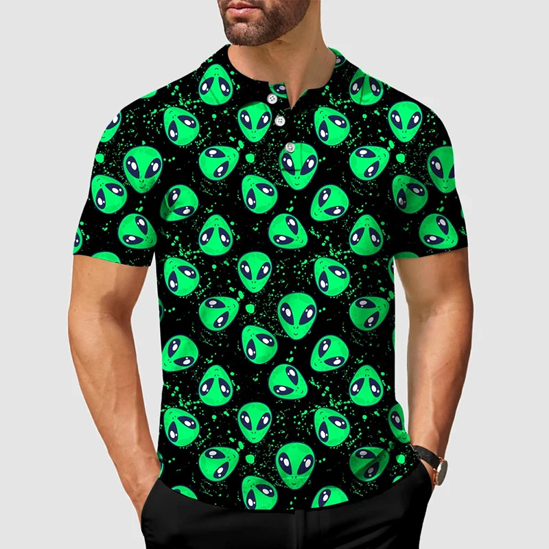 Fashion Full Print Alien Pattern Polo Shirt For Men's Clothes Lapel Button Hawaii Shirts Funny Leisure Harajuku Trend Golf Top
