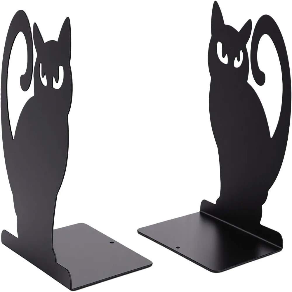 2pcs Iron Decorative Cat Bookend Black Thickening Design Metal Bookends 4.72x4.37x5.87in Non-Skid Base Cat Shaped Book Stopper