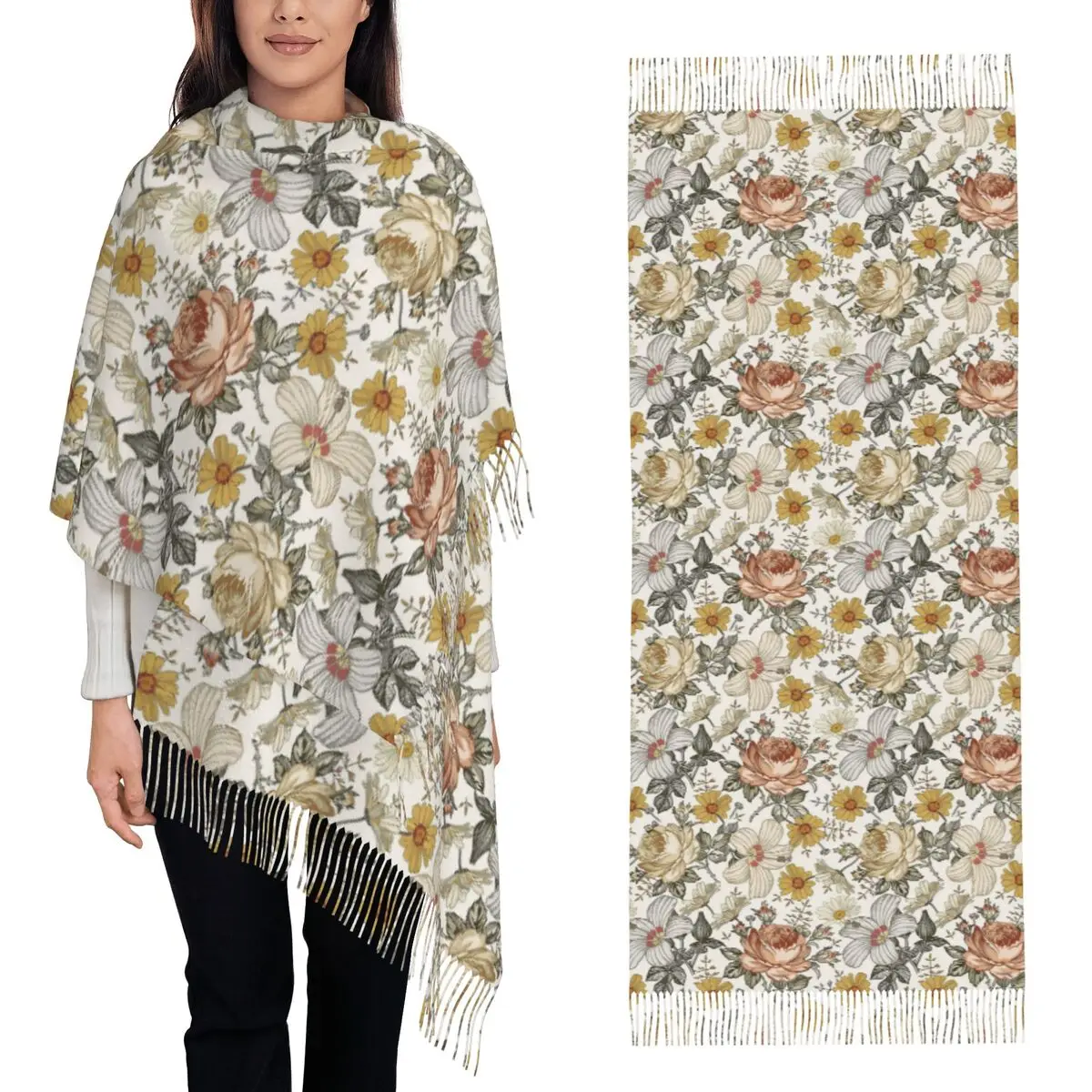 

Цветущий бежевый многоцветный шарф с пионом и ромашкой, шарфы с кисточками для женщин, шаль и накидка, большая осенне-зимняя шаль