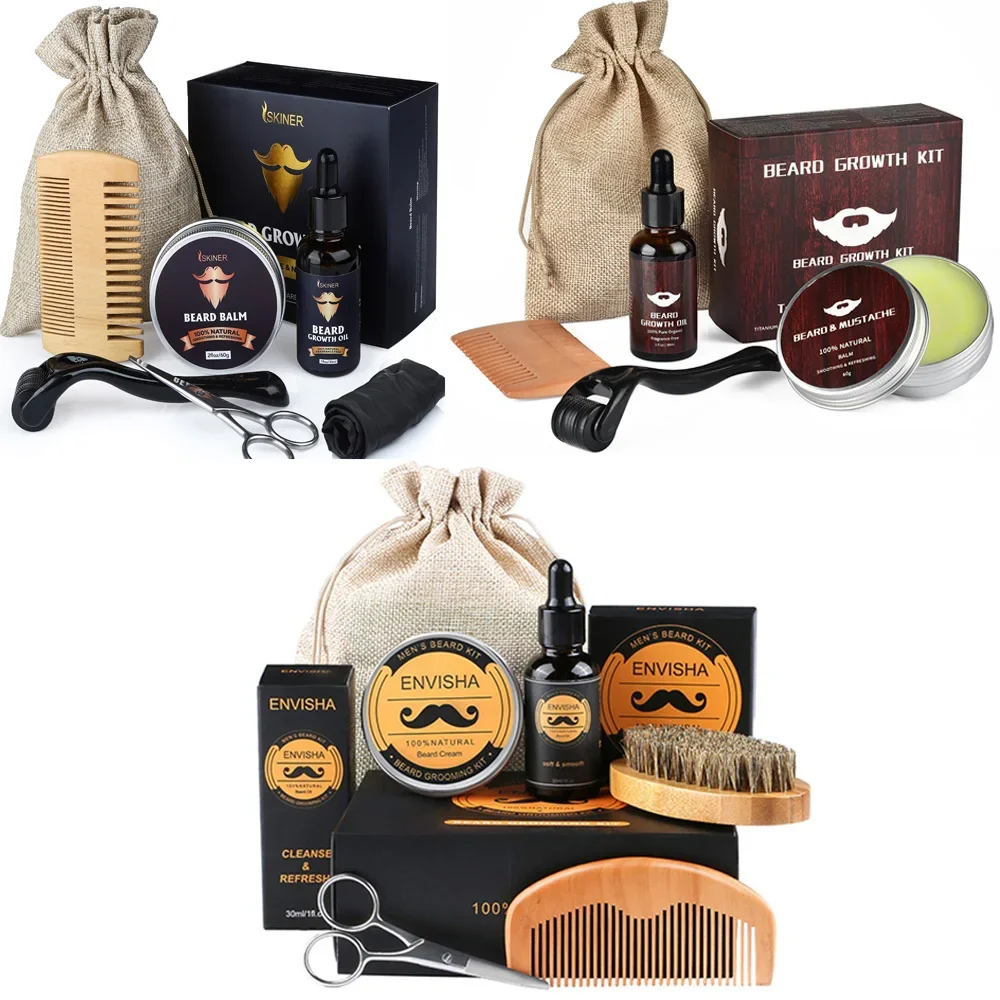 Zestaw do wzrostu brody dla mężczyzn Barbe Hair Enhancer broda olejek eteryczny nawilżający wosk do wzrostu wałek grzebień stylizacja nożyczki pielęgnacja brody