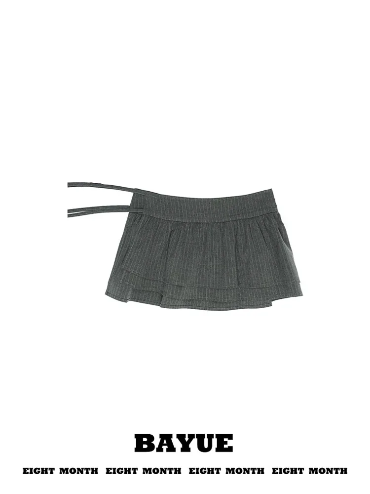 

Grey Double Layered Pleated Skirt High Waist Design with Ruffle Hemline Butt Covering Puffy Skirt Casual Style