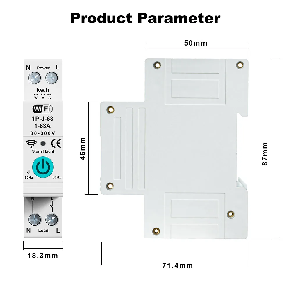 Tuya WiFi Mcb Circuit Breaker, Power Metering, 1P, 63A, DIN Rail for Smart Home, Wireless Remote Control Smart Switch by App,