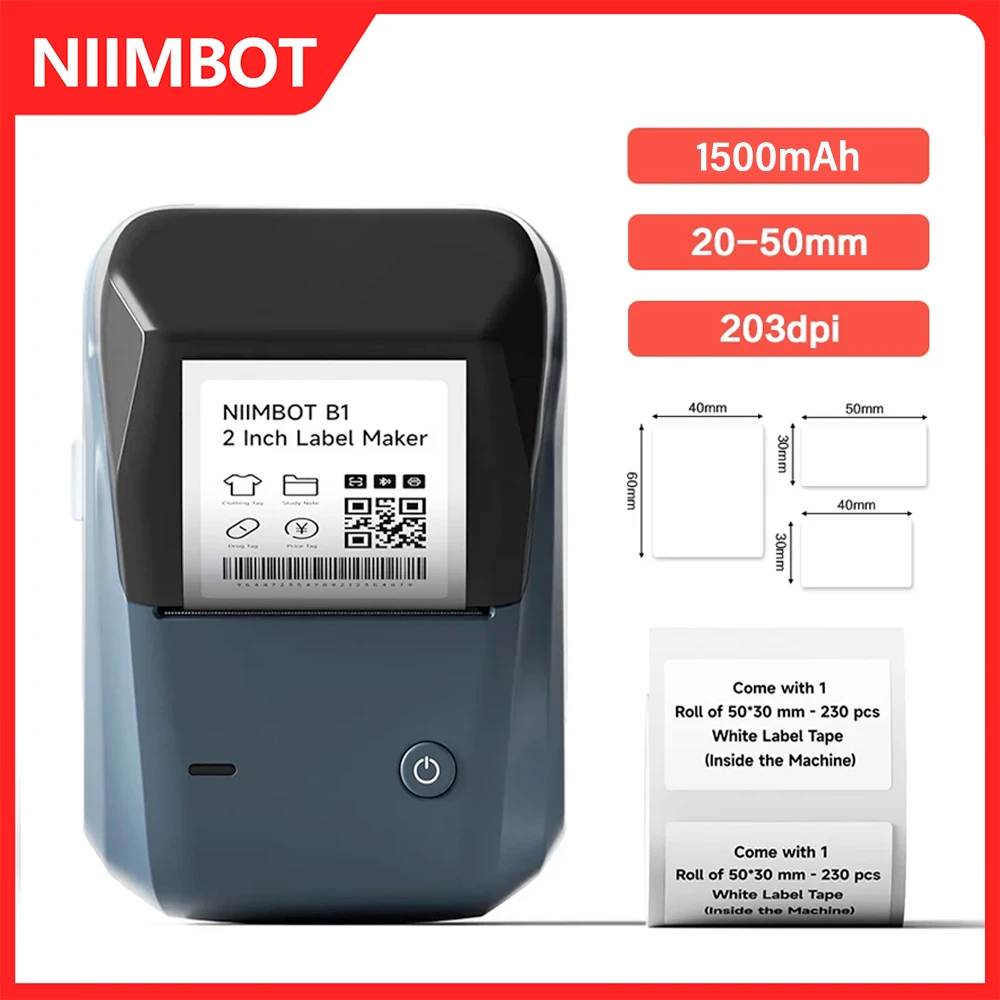 

Niimbot B1 Mini Portable Thermal Printer Self-adhesive Label Printer Inkless Bluetooth Tag Sticker Maker or 1 Roll Label Paper