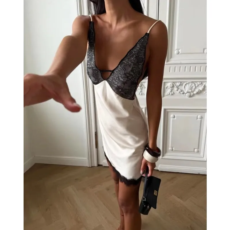 Women Lace Patchwork Above Knee Dress Spaghetti Strap V Neck Sleeveless Backless Split Club Party