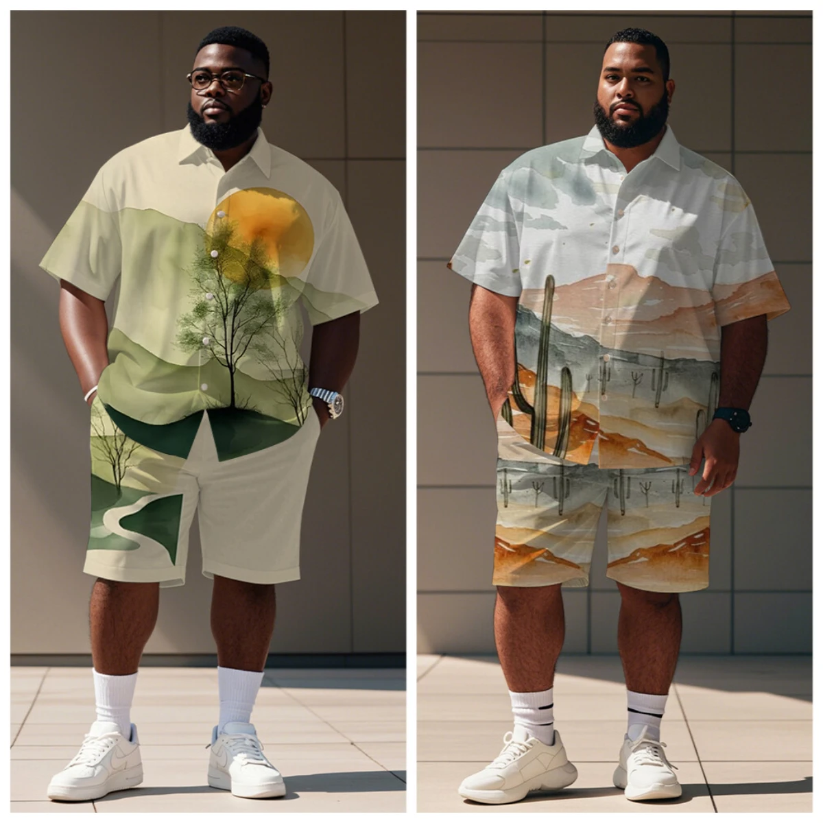 

S-9XL Men's Summer Landscape Scenery Print Oversized Shirt & Shorts Set Multi-Design Casual 2-Piece Outfit