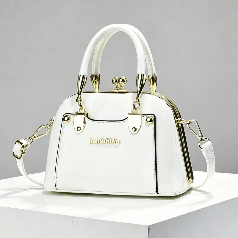 Lacquer Leather Handbag Women Korean Edition Flower Pendant Retro Large Capacity Handbag Casual Solid Color Shoulder Women Bag