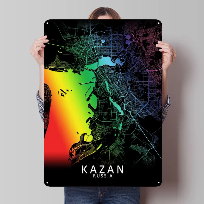 

Казанская Радужная карта города, металлические плакаты, украшения для домашнего декора, настраиваемые металлические жестяные вывески для настенного художественного украшения в стиле ретро