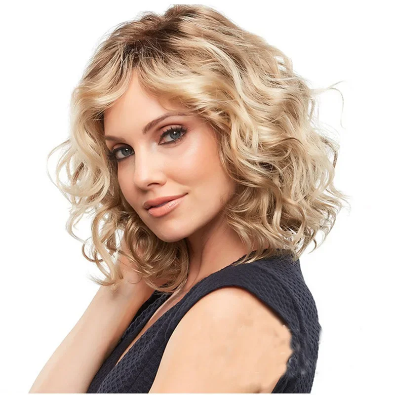 

Short wig new wig women medium long curly hair medium part pear flower perm short hair fashion blonde dyed false hood wigs