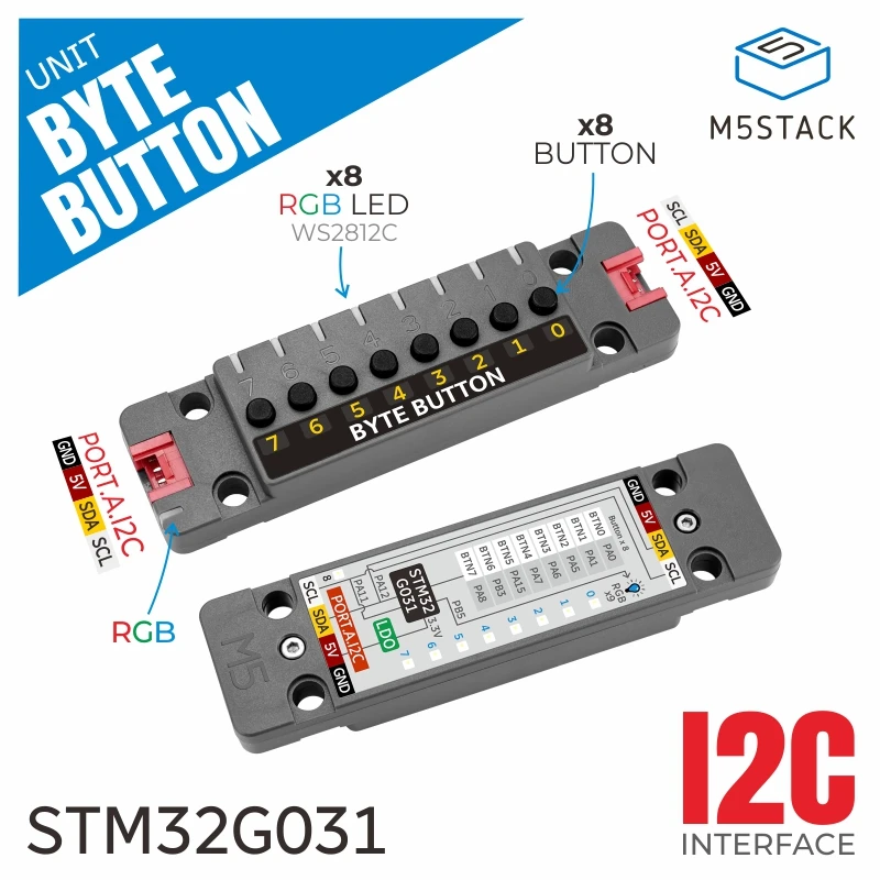 M5Stack Byte Button Unit 8-way tactile switch input unit STM32 RGB light Suitable for IoT smart home control