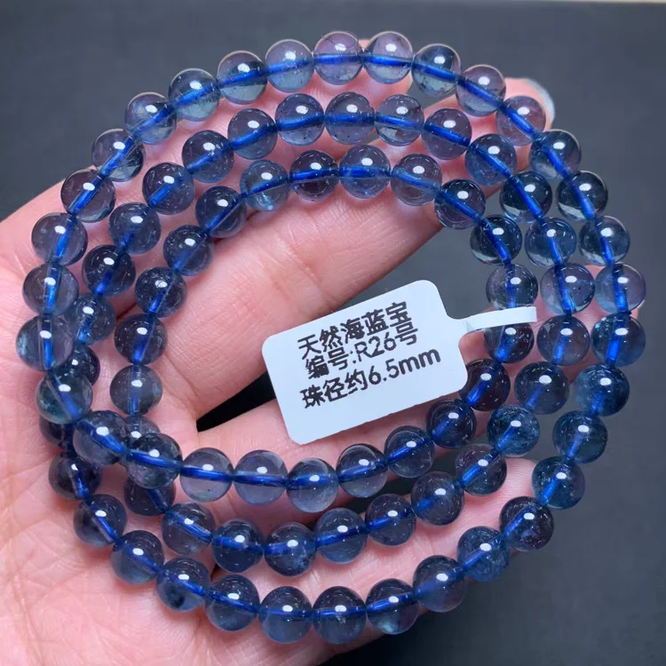 

Natural Blue Aquamarine Round Beads 3 Laps Bracelet Jewelry 6.5mm Women Men Brazil Stretch Blue Aquamarine Jewelry AAAAA