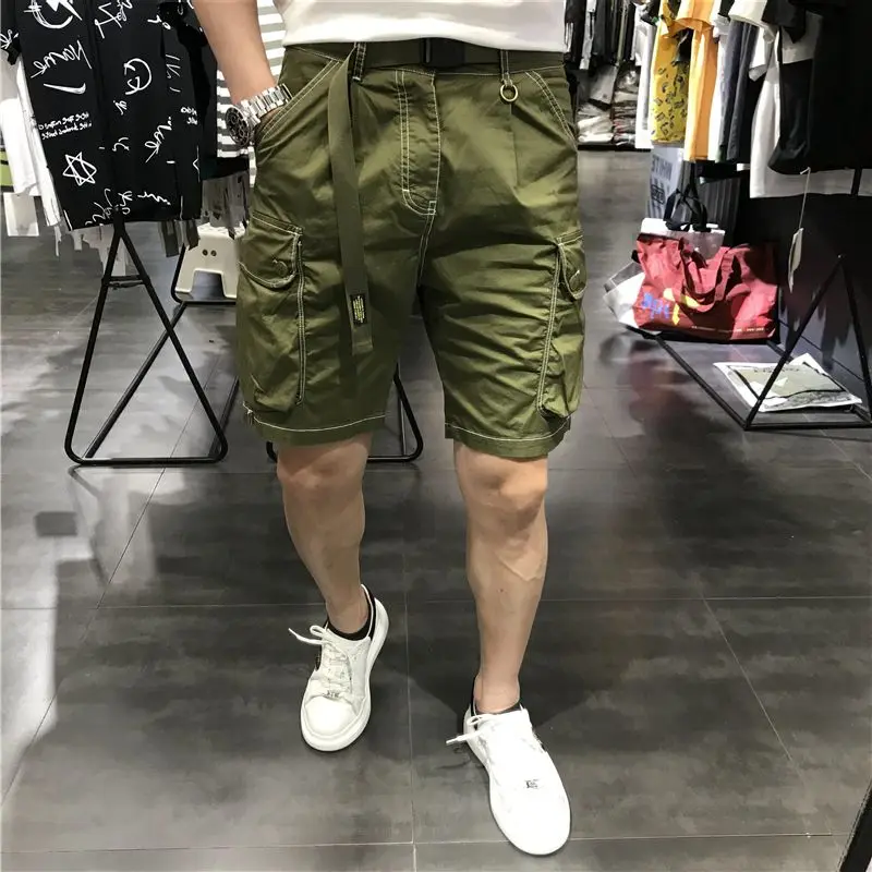 Short Cargo Vert à Poches Multiples pour Homme, Pantalon Court de Travail, Vêtement Large de Luxe, Streetwear à la Mode, Été 2024