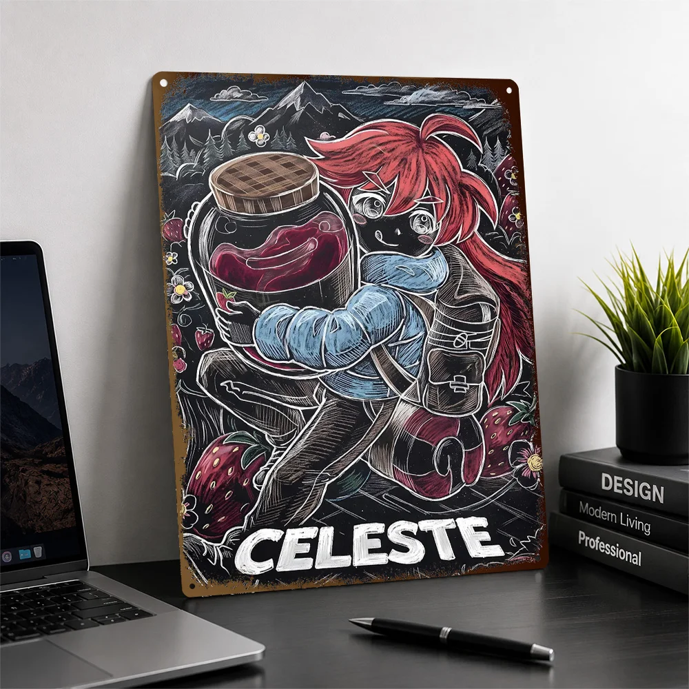 Celeste Strawberry Journey Printed Poster Personalized Aluminum Metal Sign Dark Realm Style Wall Art Appeals To Fantasy Gamers