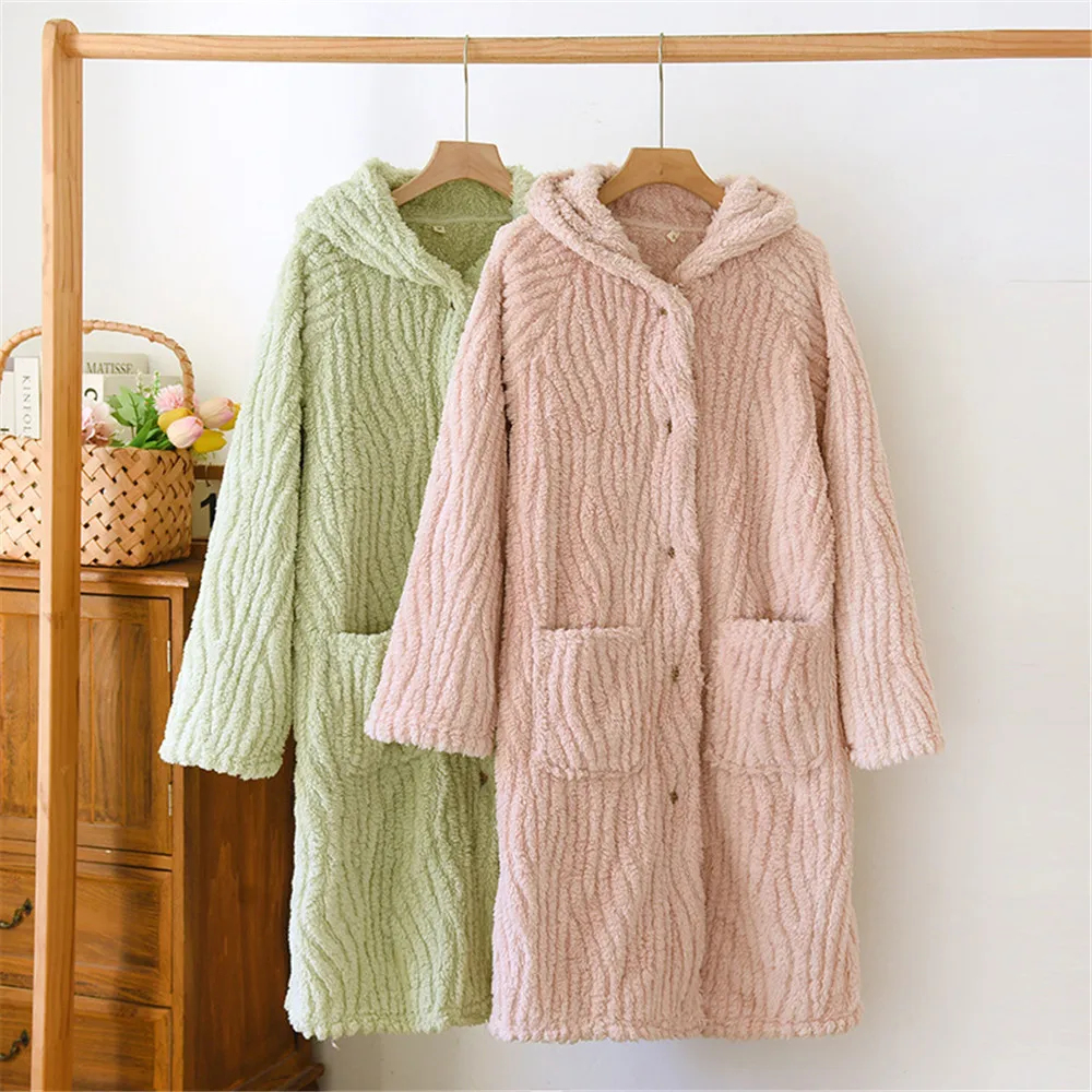 Autumn Winter Hooded Thick Bathrobe Women Coral Fleece Button Sleepwear Robe Female Dressing Gowns Loose Flannel Robes