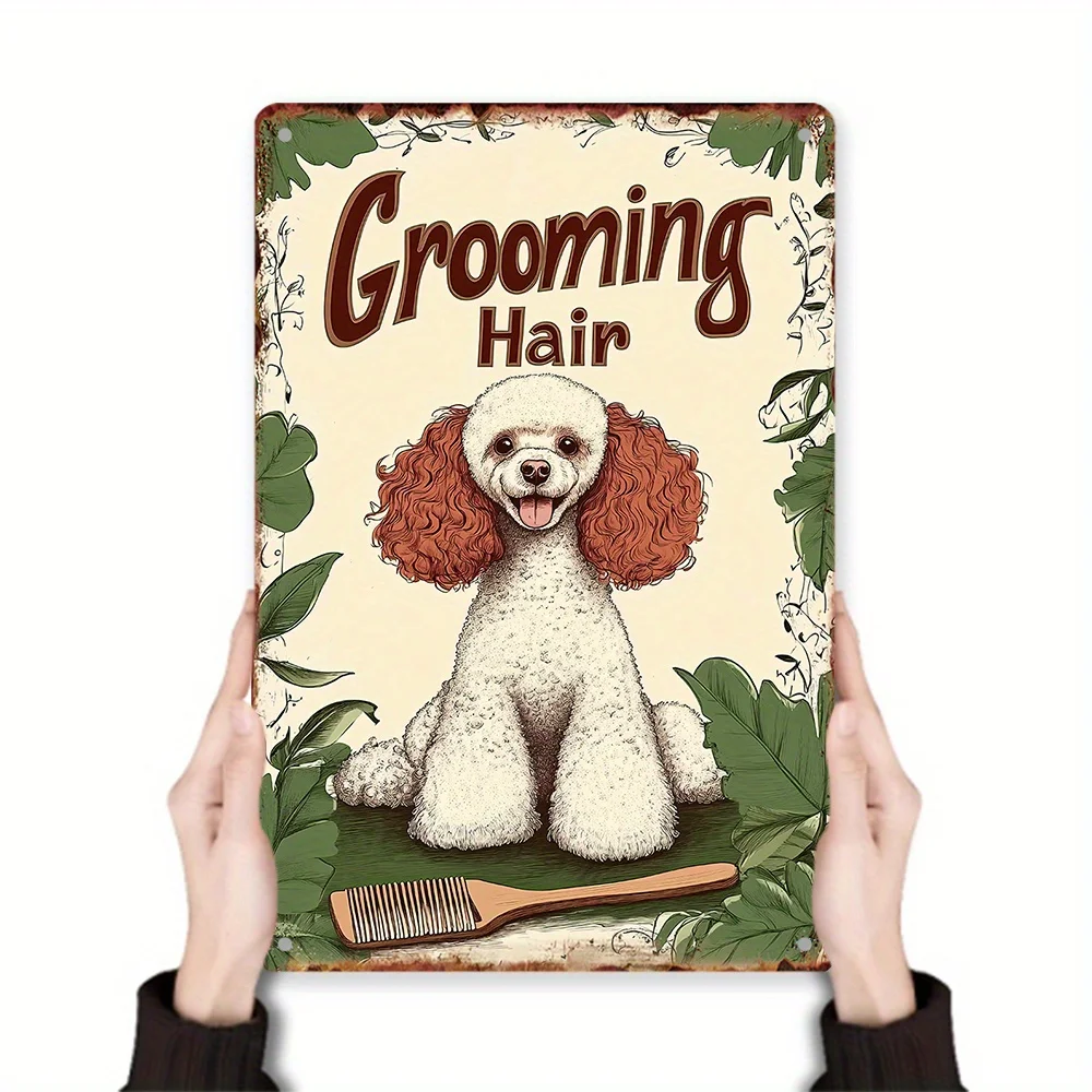 Vintage Pet Barber Shop Metal Wall Art - Rustic Tin-Style Iron Sign with Poodle & Comb Design, Pre-Drilled for Easy Hanging, Ind