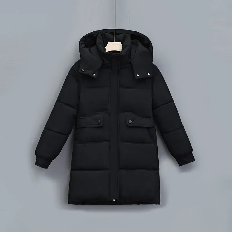 Otoño Invierno impermeable de longitud media con capucha chaqueta acolchada nueva mujer Parkas largas con cremallera abrigo corto acolchado de algodón