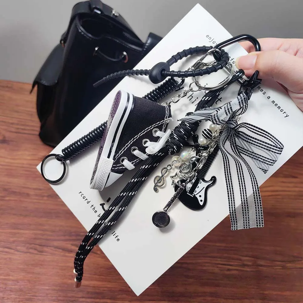 Trendy Street Style Mini Canvas Shoe Keychain with Guitar Microphone Charms Black White Woven Lanyard Key Ring Bag Car Accessory