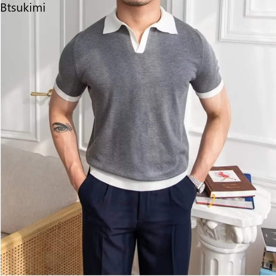 Mode Neue männer Elegante Gestrickte Polo Shirts Casual Vielseitige Revers Tees Sommer Atmungs Lose Tops für Männer Pendler Kleidung