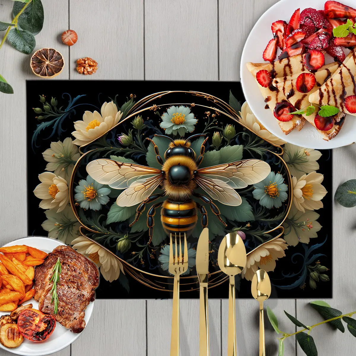 Lovely Honey Bee Dragonfly Moth Butterfly Flowers Table Mats for Dining Placemat Linen Waterproof Coaster Set Kitchen Tablecloth