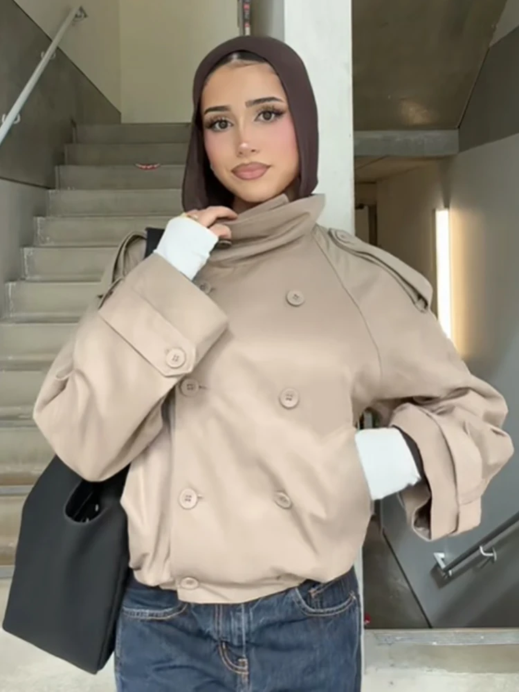 Casual Solid High Neck Cropped Trench Coat Women Loose Double Breasted Epaulet Design Jacket 2026 Autumn Daily Street Outerwear