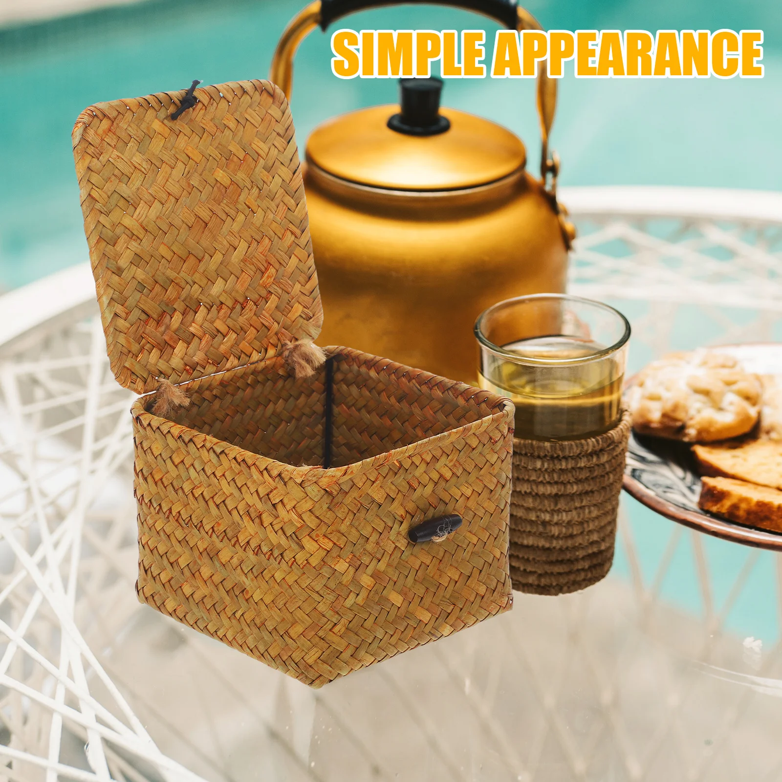 

Straw Plaited Storage Box Medium Cattail Stem Holder Covered Organizer for Home Tea Jewelry Sundries Decorative