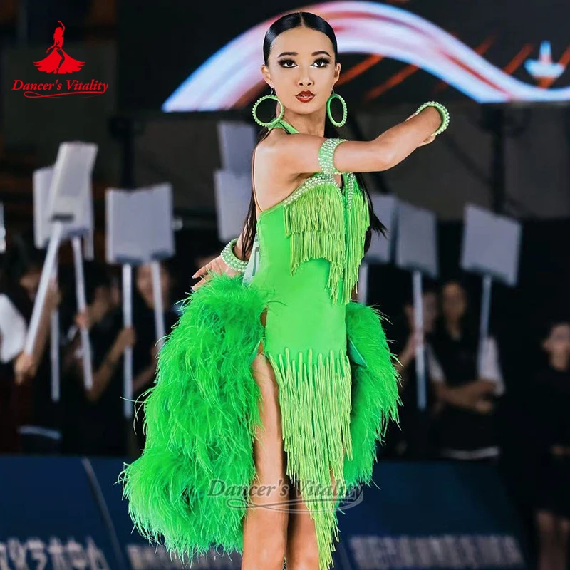 Adult Latin Dance AB Stone Feather Tassel Dress Custom Size Championships Child Samba Chacha Jive Dancing Wear Dancer's Vitality