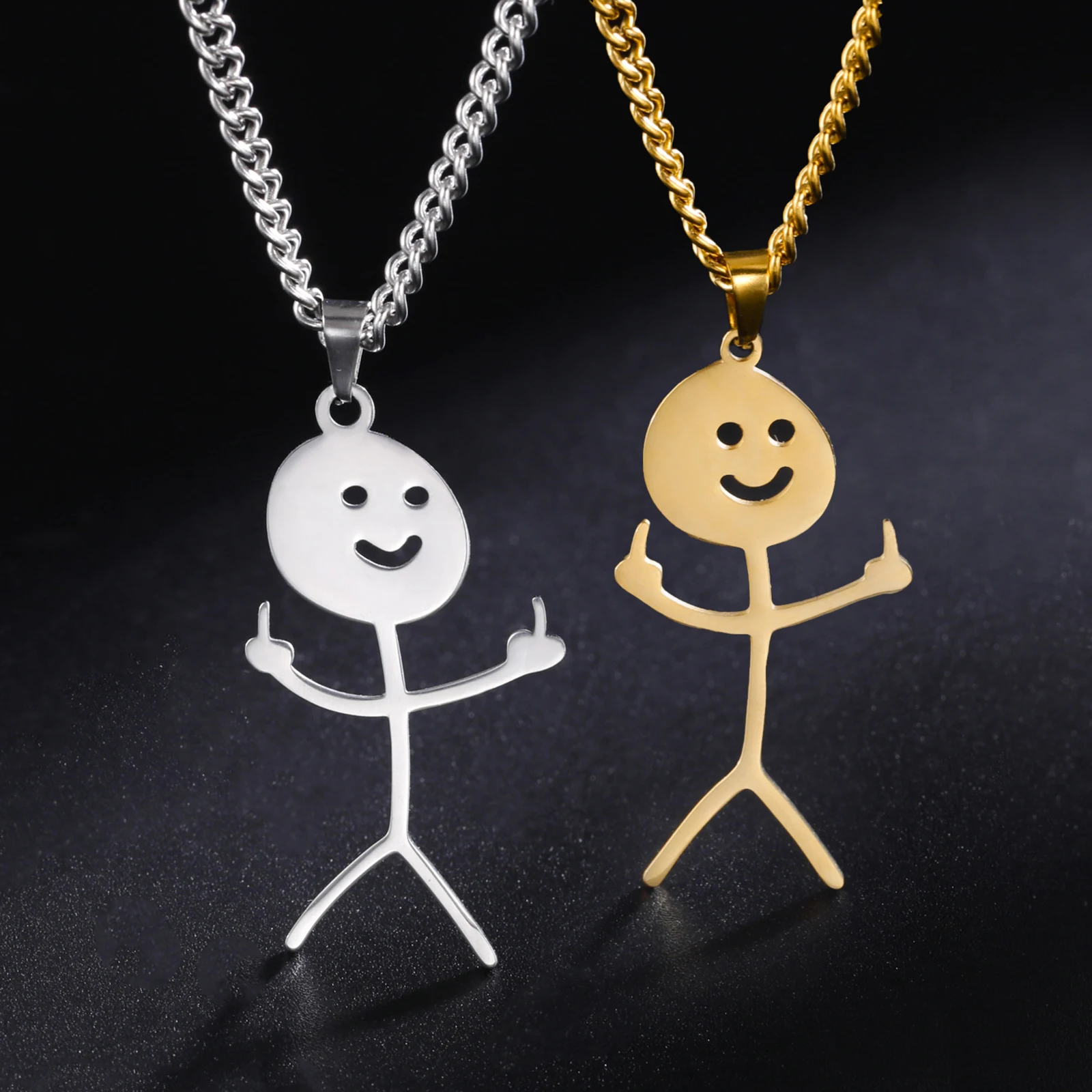 Teamer Hip Hop Fuxk You Middle Finger Stickman Necklace Rock Punk Funny Doodle Pendant Necklace for Women Men Trend Jewelry Gift