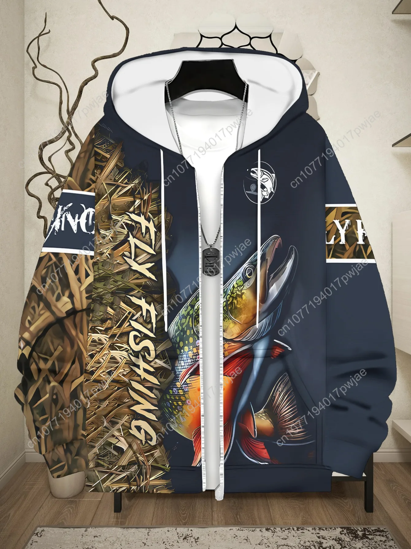 [Mapie temático de pesca] Moletom masculino de poliéster durável com tema de pesca – Azul marinho com estampa de peixe vibrante, leve e confortável