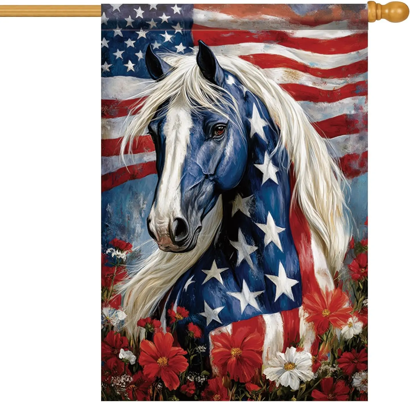 Patriotic Horse House Flag American Flag Horse Red White Blue Floral Art Design 28x40 Inch Double Sided Outdoor Yard Garden  kkz