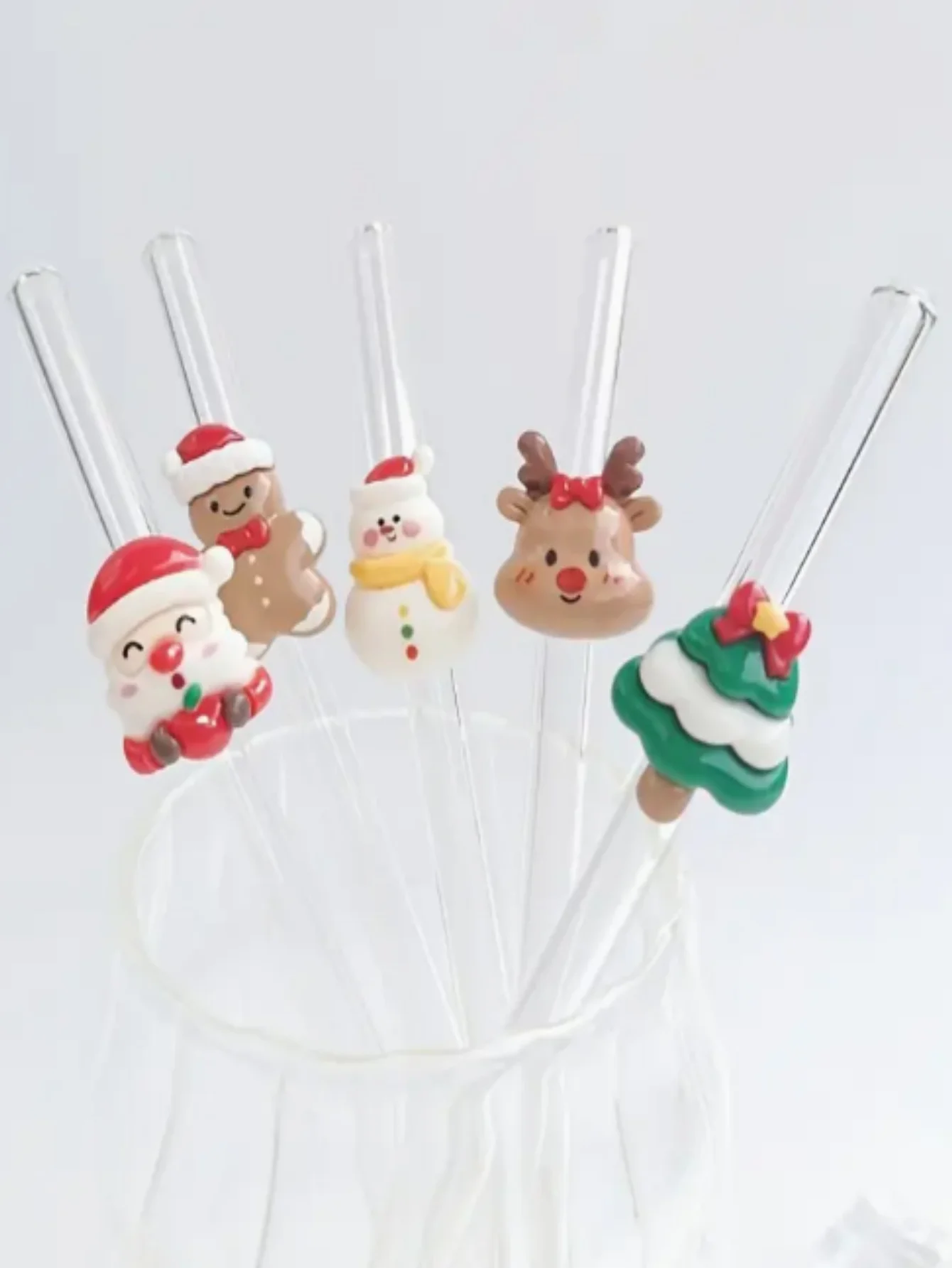 1/5PCS Reusable Glass Straws with Cute Christmas Characters, Perfect Holiday Drinks and Party Favors, Ideal Christmas Gift Set