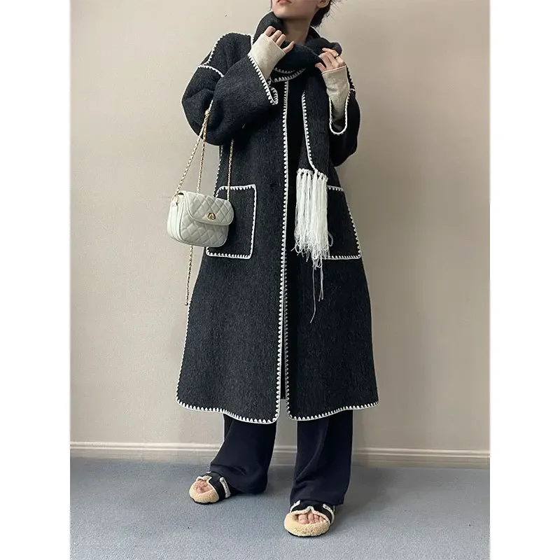 

SuperAen Long Tassel Double Side Wool Coat with Scarf Autumn and Winter 2023 Fashion Long Trench Coat for Women