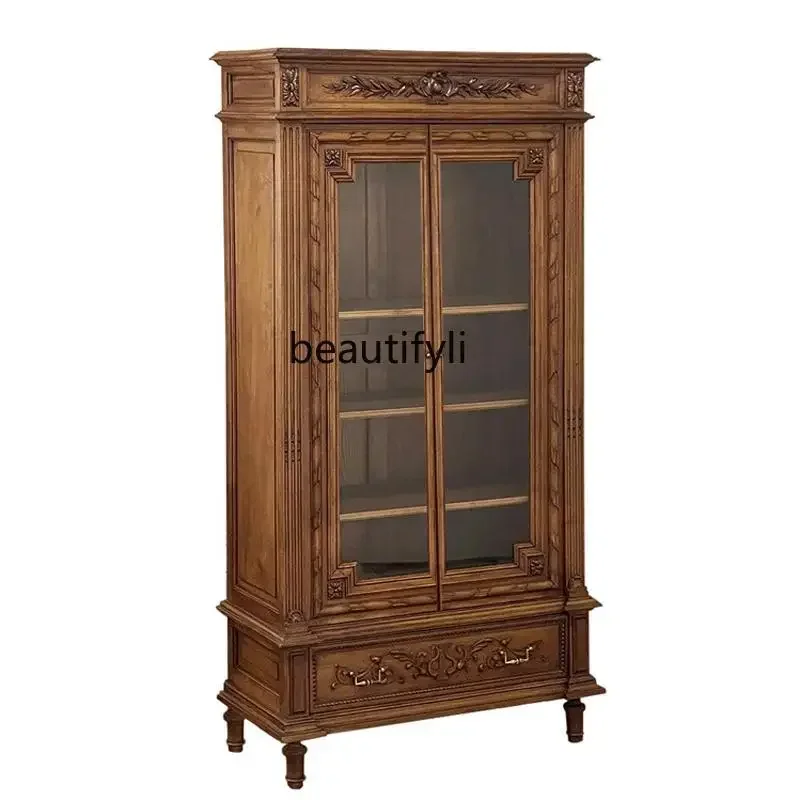 

0R French retro solid wood glass wine cabinet against the wall antique restaurant tea cabinet locker R