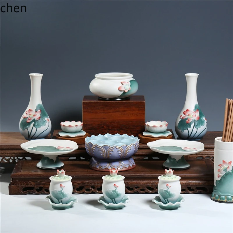 Cz ceramic buddhist supplies complete set   set for home buddha front ornaments offering   incense burner holy water cup