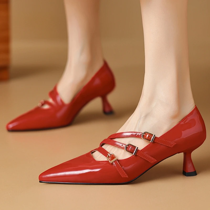 

Genuine Leather Black Red High Heel Women's Pumps Dress Shoes Fashion Point toe Party Office Wedding Shoes Lady Classic Designer