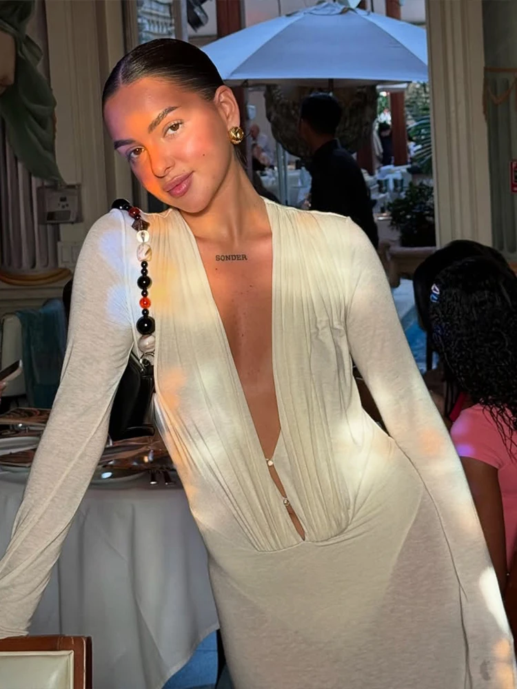 Kliou-Vestidos largos con cuello en V para Mujer, Vestidos Hipster drapeados para vacaciones, vestido largo transparente de manga larga, Vestidos clásicos lisos para vacaciones