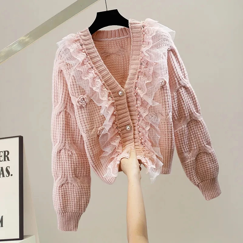 Korejpaa Gentle Cardigans Women Mesh Ruffled Patchwork Long Sleeve Top Korean Fashion 3D Flower Elegant Sweater Coat Femme