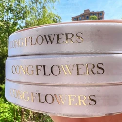 Custom Gold Satin Ribbon Silk Hot Stamping Printed Logo Personalized Brand Name Gift Packaging Save The Date Wedding Supplies