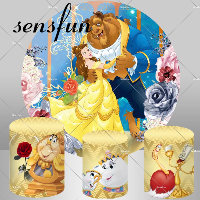 Beauty and The Beast Princess Belle Round Backdrop Flowers Girls Happy Birthday Party Circle Background Dessert Table Banner