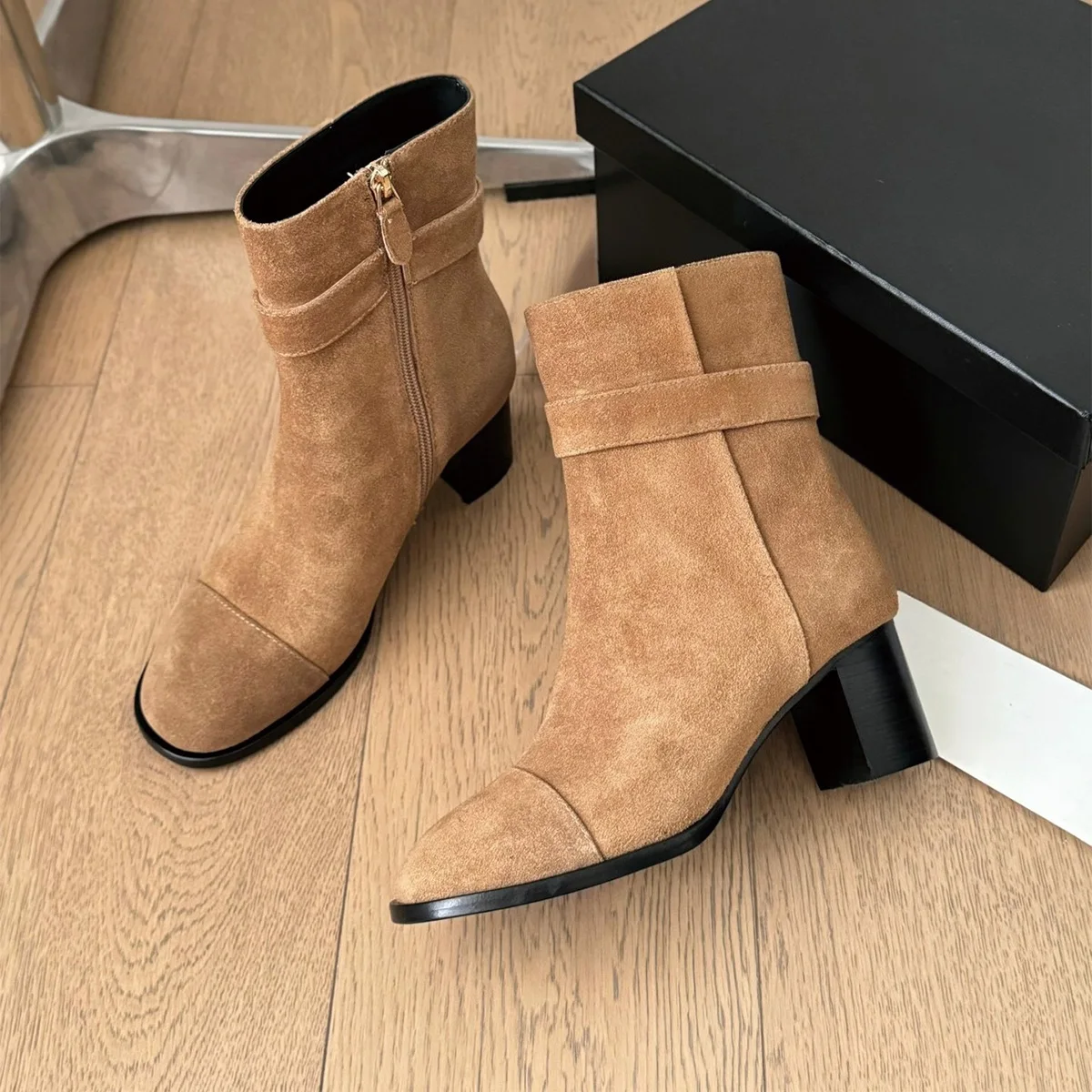 026 High Quality Autumn Women Shoes Round Toe Belt Decor Side Zipper Block Heel Ankle Boots ch24100850