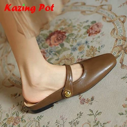 Krazing Pot Full Grain Leather Mules Metal Circle Buckle Leisure Summer Shoes Square Toe Women Casual Fashion Outside Slippers