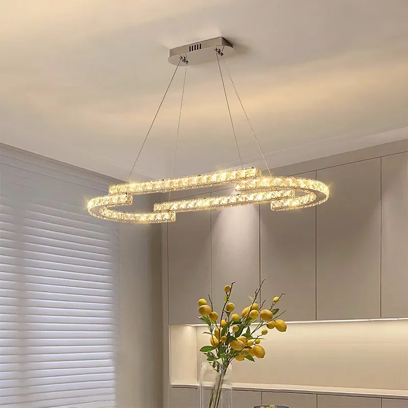 

Modern Dining Room Led Dimmable Pendant Lights Home Decor Oval Steel Suspend Lights Lustre K9 Crystals Hanging Lamp Fixtures