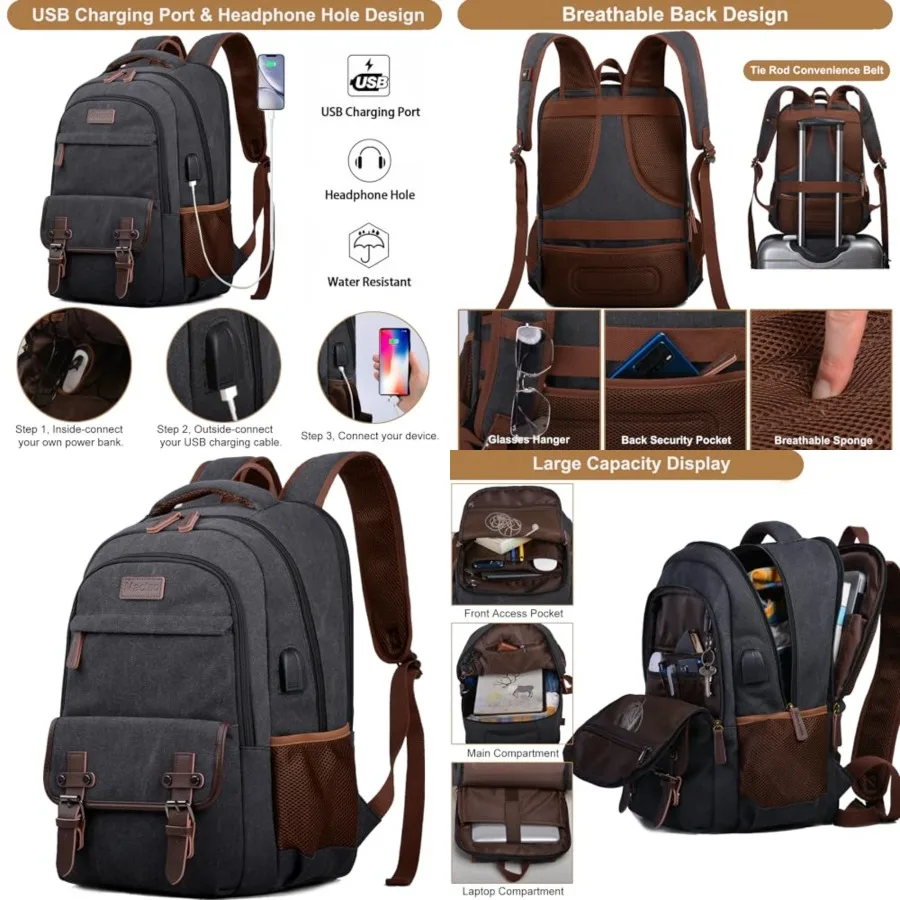 

Canvas Travel Laptop Backpack for Men Women, Business Work Rucksack College School Computer Bag Fits Notebook, Bookbag with USB