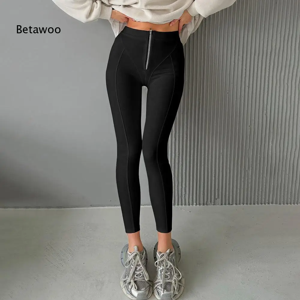 High Waist Front Zip Slim Leggings Front Vertical Dart Stitch Soft Stretch Fabric Full Length Everyday Casual Bottoms