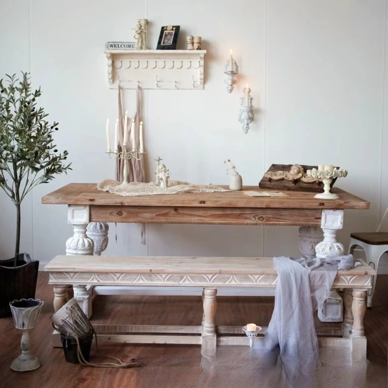 American carved dining table French living room dining room retro old carved pastoral style solid wood dining table