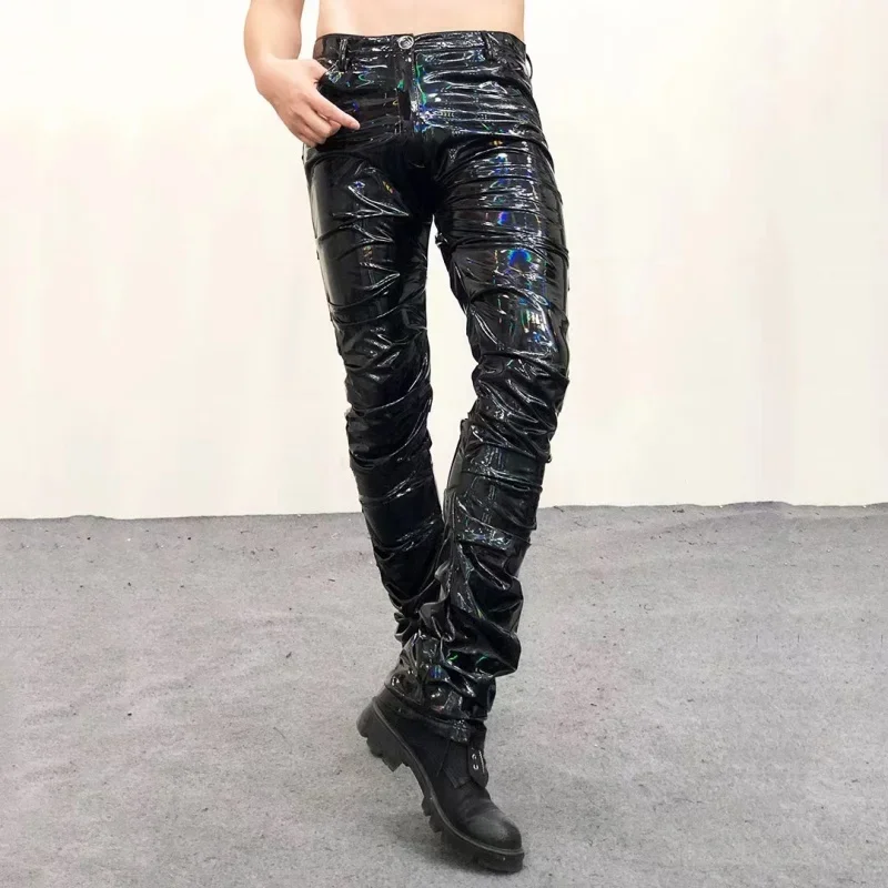 

Colorful Magic Color Mirror Erkek Pantolon Men Fashion Pant Pleated Trousers Nightclub Streetwear Shinny Sexy Leather Pant